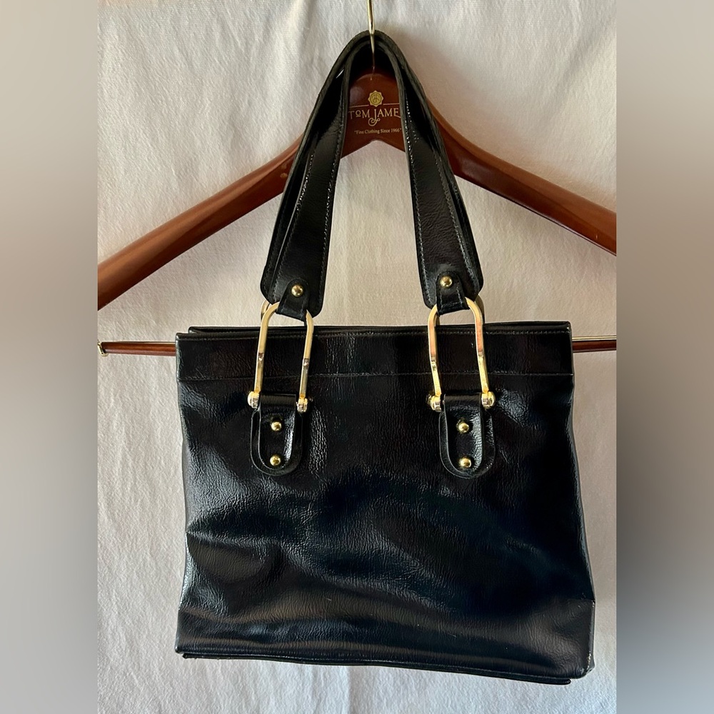 Black Leather Tote Bag Purse Gold Hardware Zipper Pockets Bag